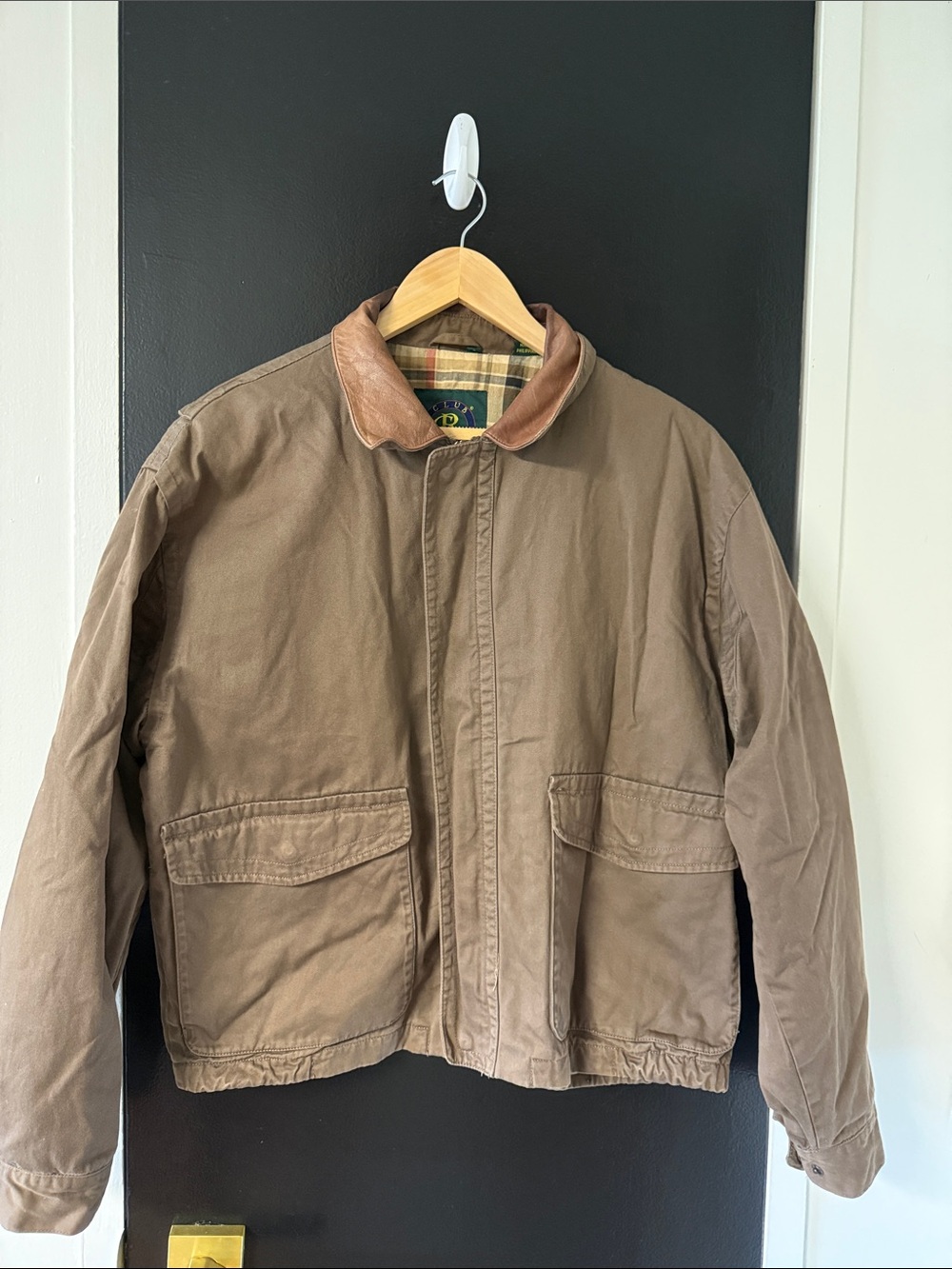Club Room vintage brown cotton canvas bomber jacket with a leather collar